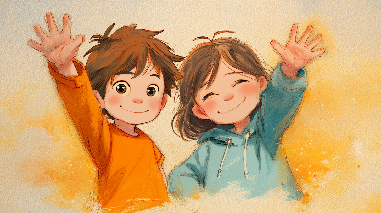セラくんとリカちゃんが笑顔で手を振っているイラスト