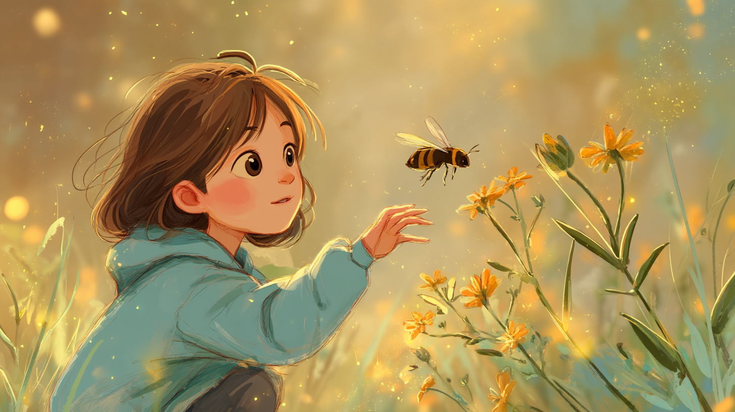 花の蜜を集めるミツバチのイラスト